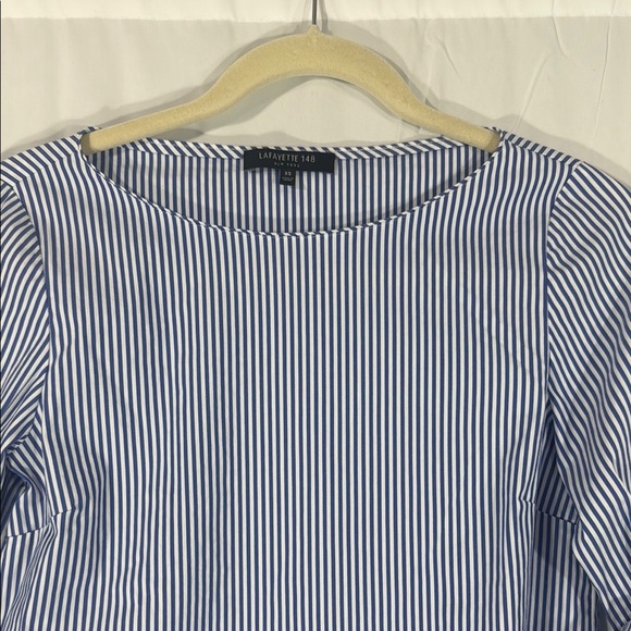 Lafayette 148 Blue and White Relaxed Ruffled Blouse Size XS - Picture 4 of 9